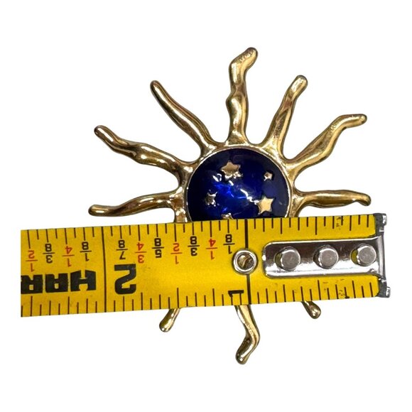 Celestial Witch Goth Gold-Tone Sunburst Brooch Blue Enamel Center & Star Accents - Picture 4 of 5